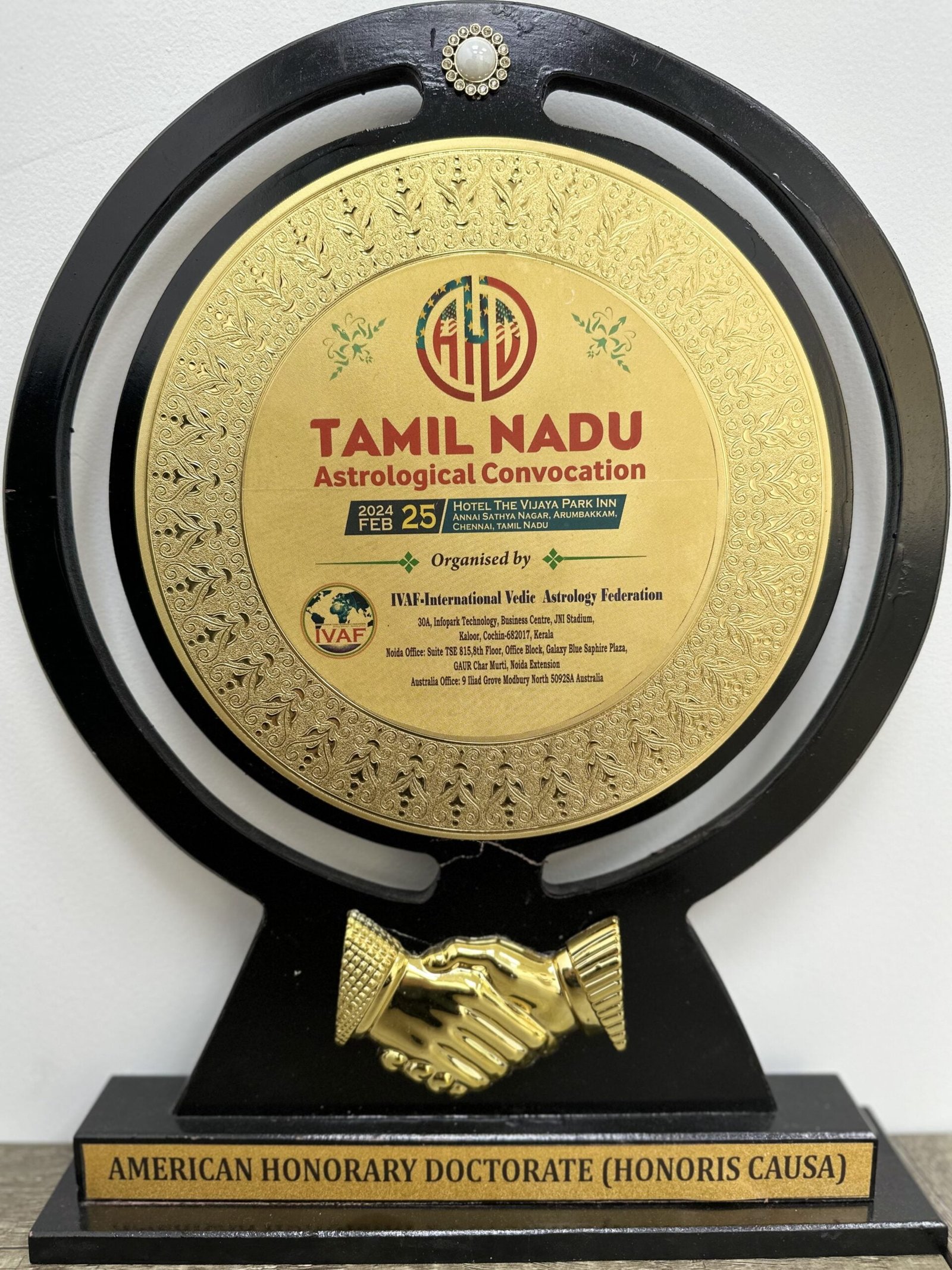American Honorary Doctorate, Honoris Causa, awarded to Charru Gupta by the Tamil Nadu Astrological Convocation