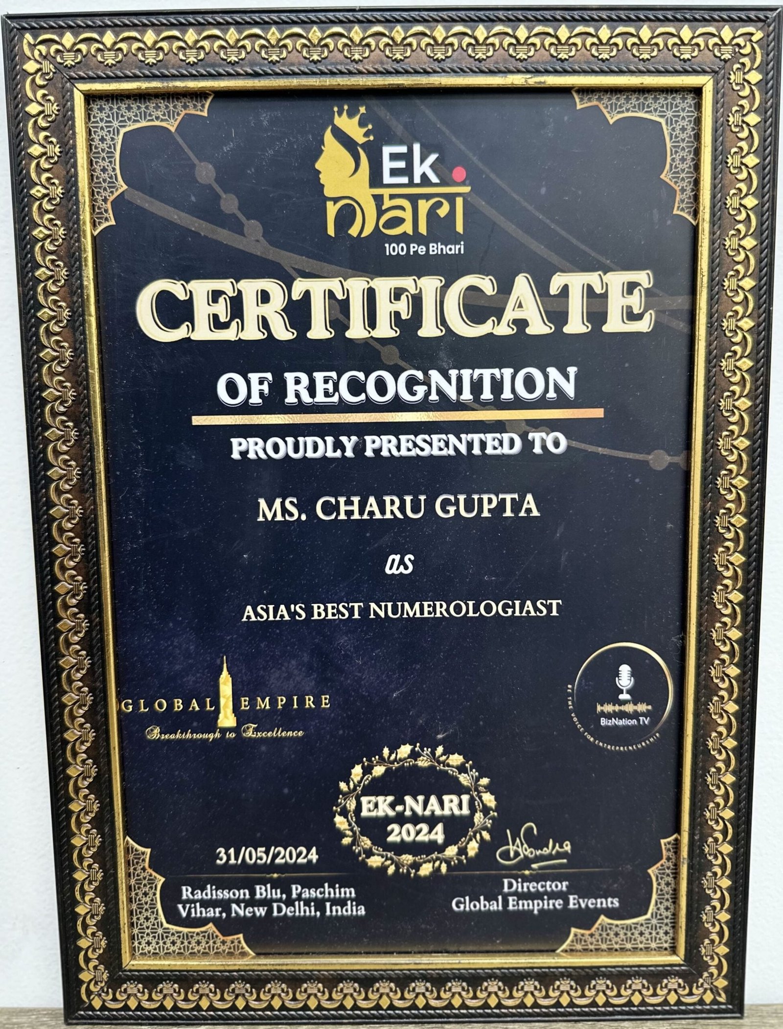 Ek Nari — 100 Pe Bhari certificate of recognition award presented to Charru Gupta