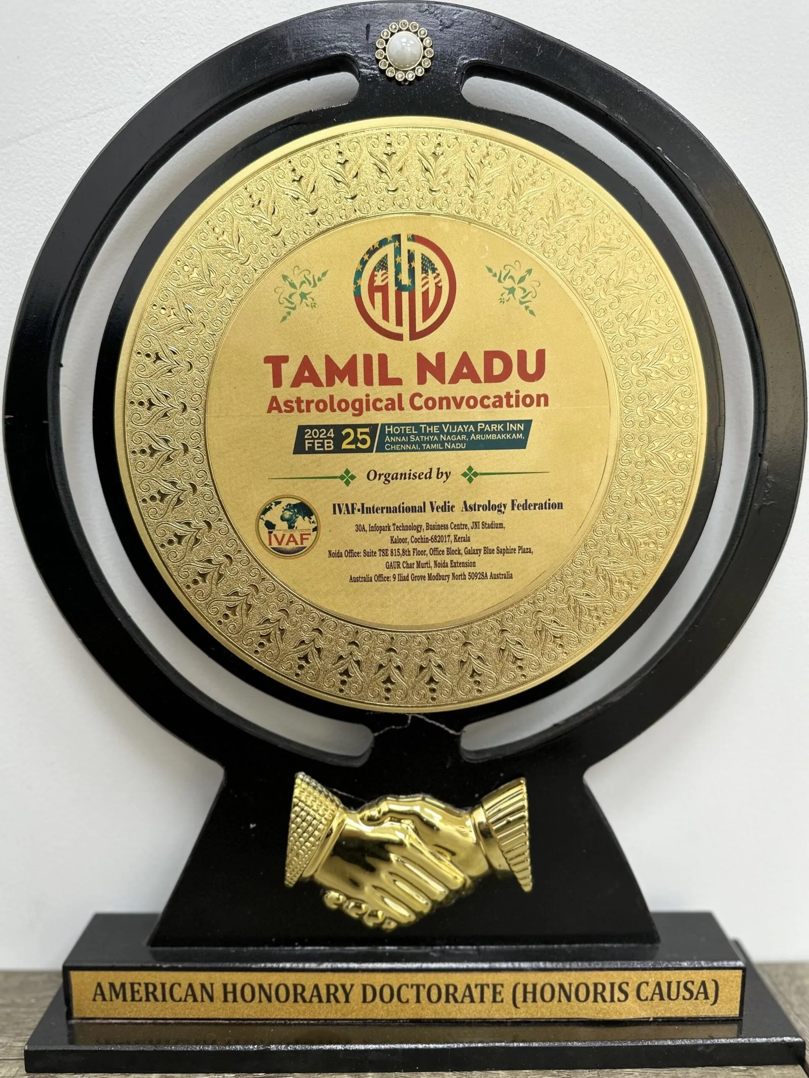 American Honorary Doctorate, Honoris Causa, awarded to Charru Gupta by the Tamil Nadu Astrological Convocation