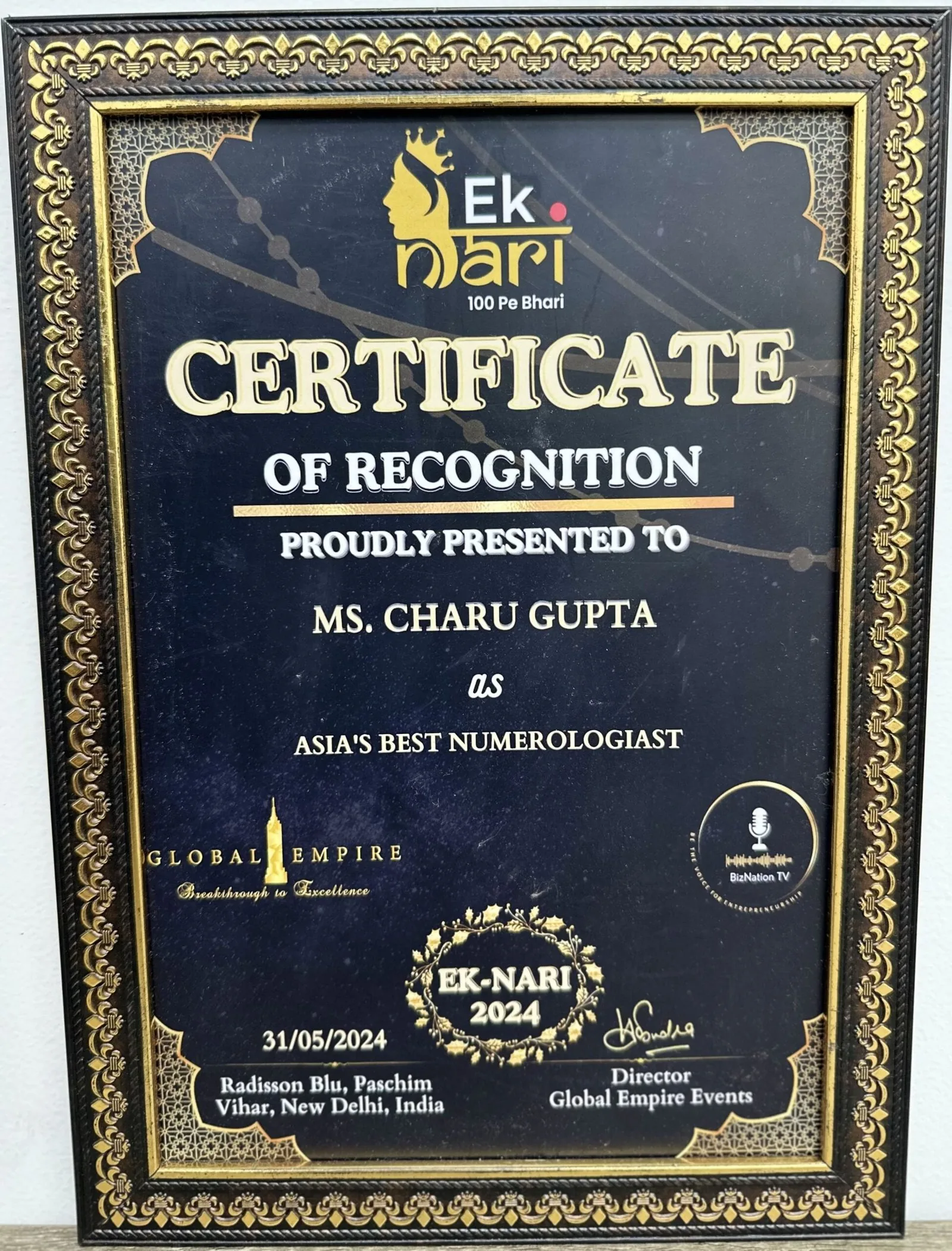 Ek Nari — 100 Pe Bhari certificate of recognition award presented to Charru Gupta